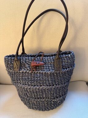 Handwoven Navy Straw Tote with Leather Handles